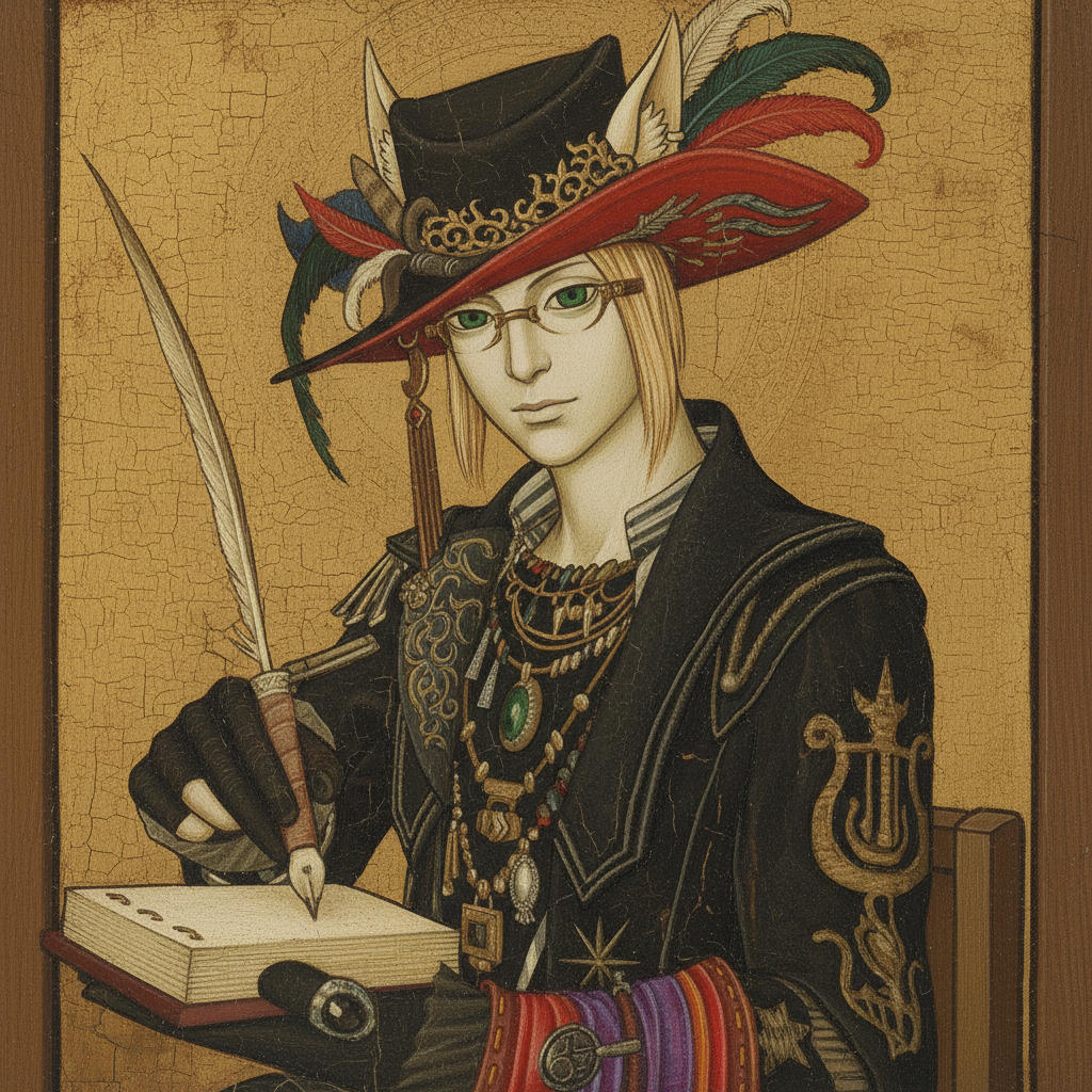 A meticulously detailed portrait of Liam Meri'a Morvelet, a Keeper of the Moon, painted by the Amdapori Elezen artist Raoul de Valois circa 1250:5AE. Liam’s pale skin and the distinct, tufted ears of his lineage are rendered with jewel-toned precision.