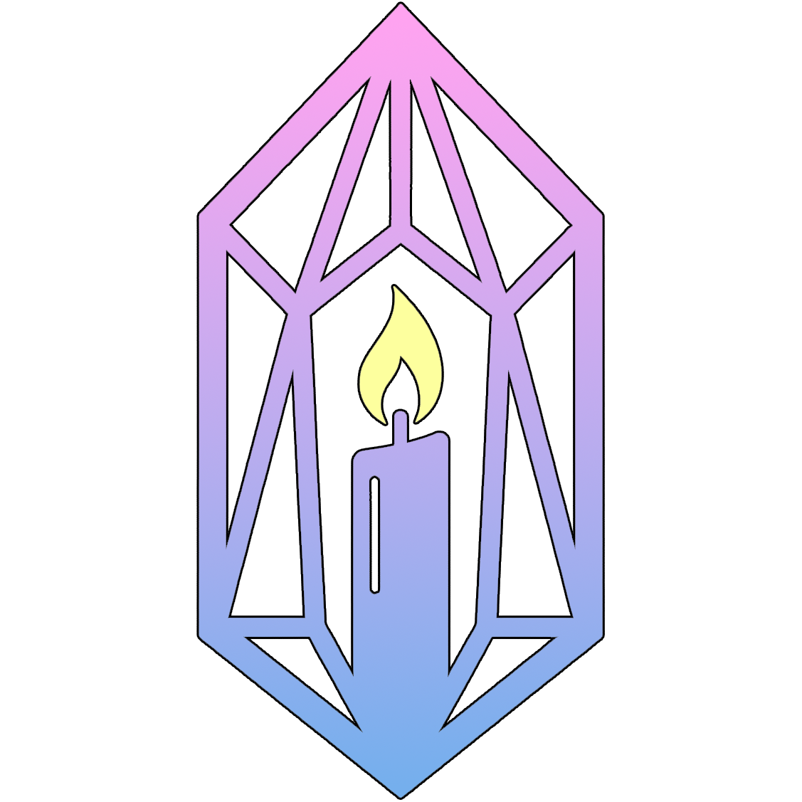 A minimalist logo featuring a stylized taper candle with a yellow flame, centered inside a geometric, hexagonal crystalline frame. Both the candle and the frame are outlined in dark lines and filled with a soft pink-to-blue gradient.